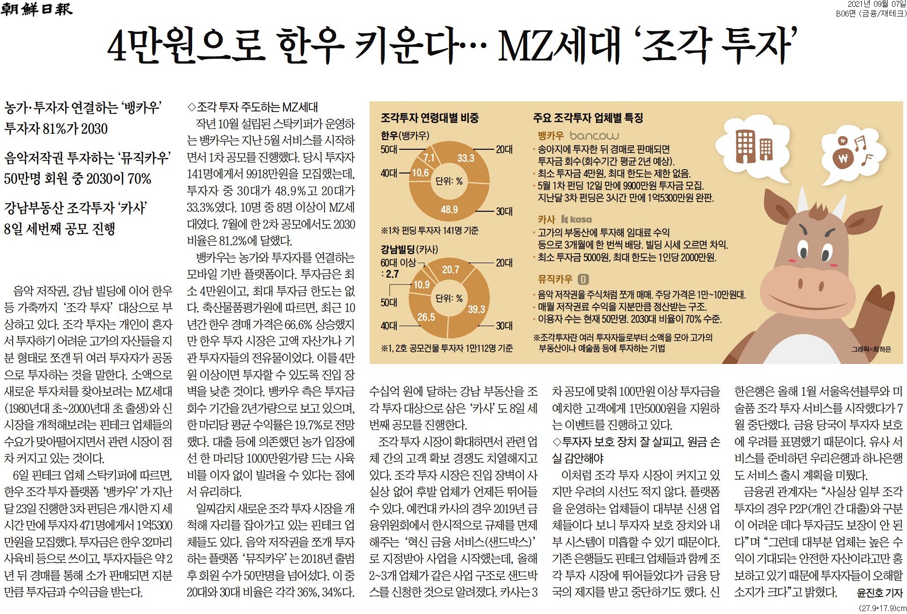 조선일보_4만원으로 한우 키운다… MZ세대 '조각 투자'_금융_재테크 B06_20210907.jpg