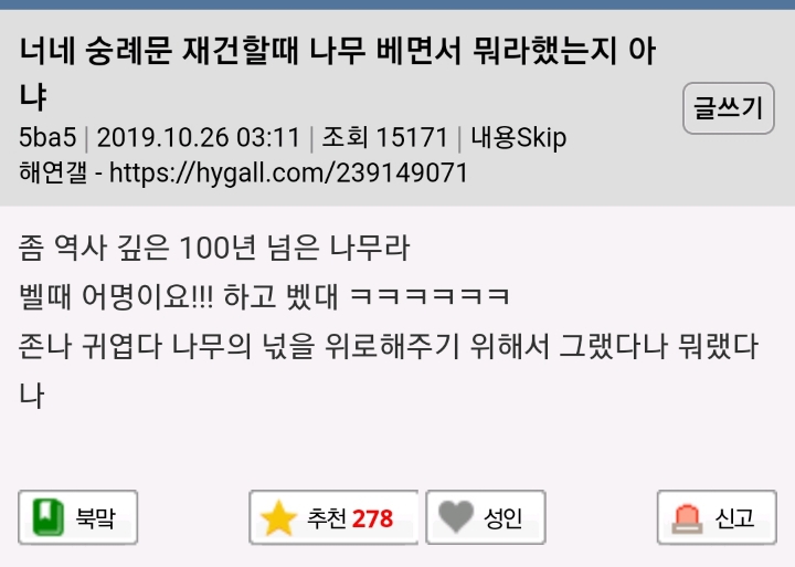 너네 숭례문 재건할때 나무 베면서 뭐라했는지 아냐 | 인스티즈