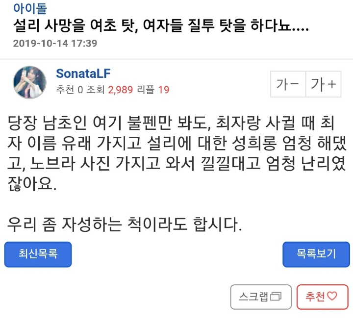 설리 죽음에 여초탓 여자탓 몰아붙이는 인간들 | 인스티즈