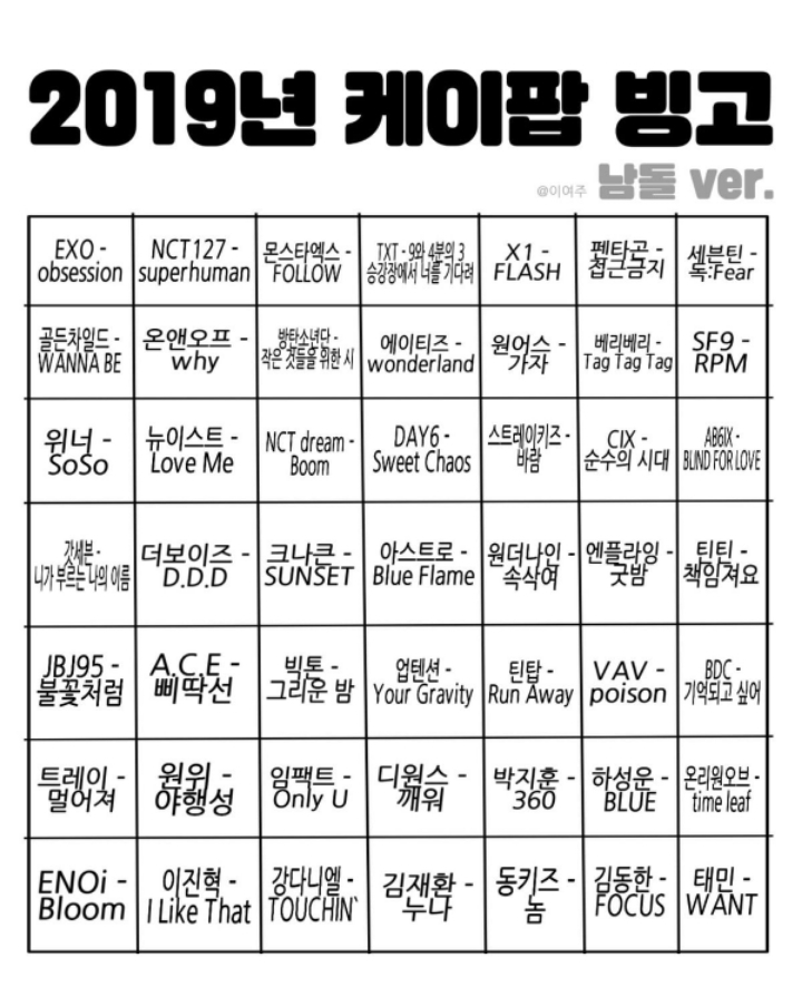 2019 Kpop 아이돌 빙고판.jpg (남돌ver&amp;여돌ver) | 인스티즈