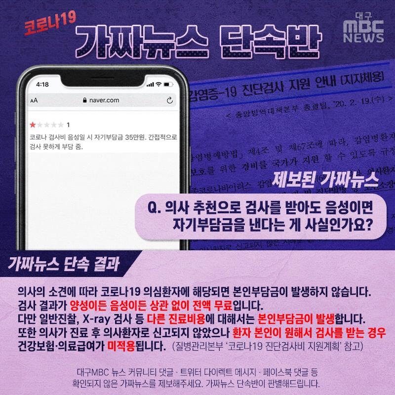 대구MBC 가짜뉴스 단속반 의사 추천으로 검사를 받아도 음성이면 자기부담금을 낸다는 게 사실인가요? | 인스티즈