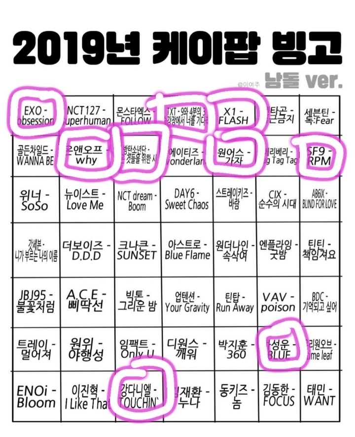 2019 Kpop 아이돌 빙고판.jpg (남돌ver&amp;여돌ver) | 인스티즈
