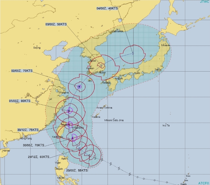 제 18호 태풍 미탁 예상 진로...미국 - 강진➡️전남➡️경북➡️영덕/일본 - 완도➡️전남➡️대구➡️영덕 + 최대풍속 초속 30m/s (9.29 13:00) | 인스티즈