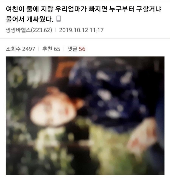 여친이 엄마랑 자기랑 물에 빠지면 누구 구할거냐 물어서 개싸웠다 | 인스티즈