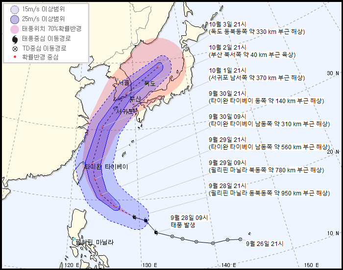 제 18호 태풍 미탁 예상 진로...한국 - 통영➡️창원➡️포항/일본 - 통영➡️김해➡️부산 + 최대풍속 초속 21m/s, 순간최대풍속 35m/s (9.28 22:00) | 인스티즈