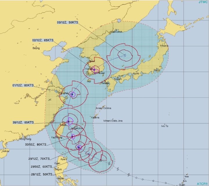 제 18호 태풍 미탁 예상 진로...미국 - 해남➡️전남➡️경북➡️영덕/일본 - 통영➡️창원➡️부산 + 최대풍속 초속 23m/s, 순간최대풍속 35m/s (9.29 01:00) | 인스티즈