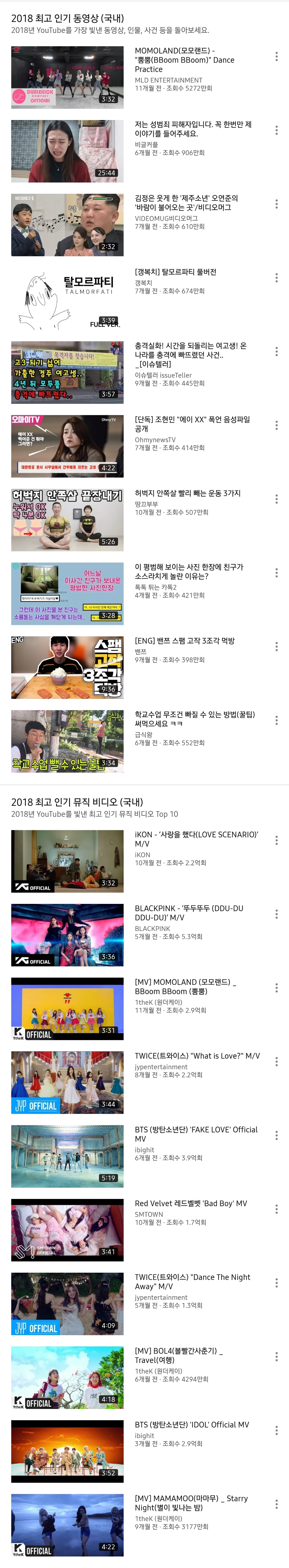 YouTube 2018 최고 인기 동영상 &amp; 최고 인기 뮤직 비디오(국내) | 인스티즈