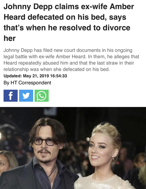 조니뎁, 엠버허드가 침대에 똥 쌌었다고 폭로 | 인스티즈