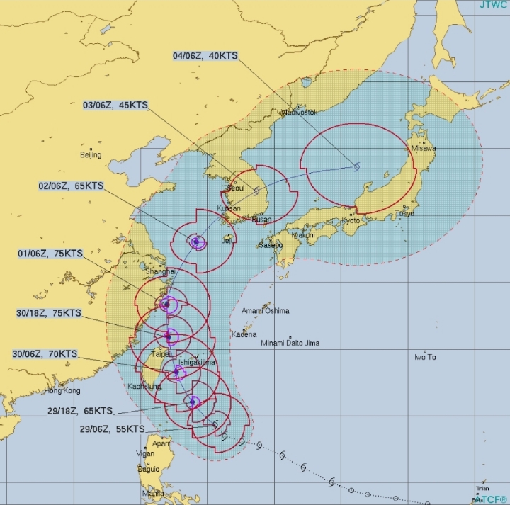 제 18호 태풍 미탁 예상 진로...미국 - 부안➡️전주➡️충북➡️경북/일본 - 진도➡️전남➡️경상➡️포항 +최대풍속 초속 35m/s, 순간최대풍속 50m/s (19:00) | 인스티즈