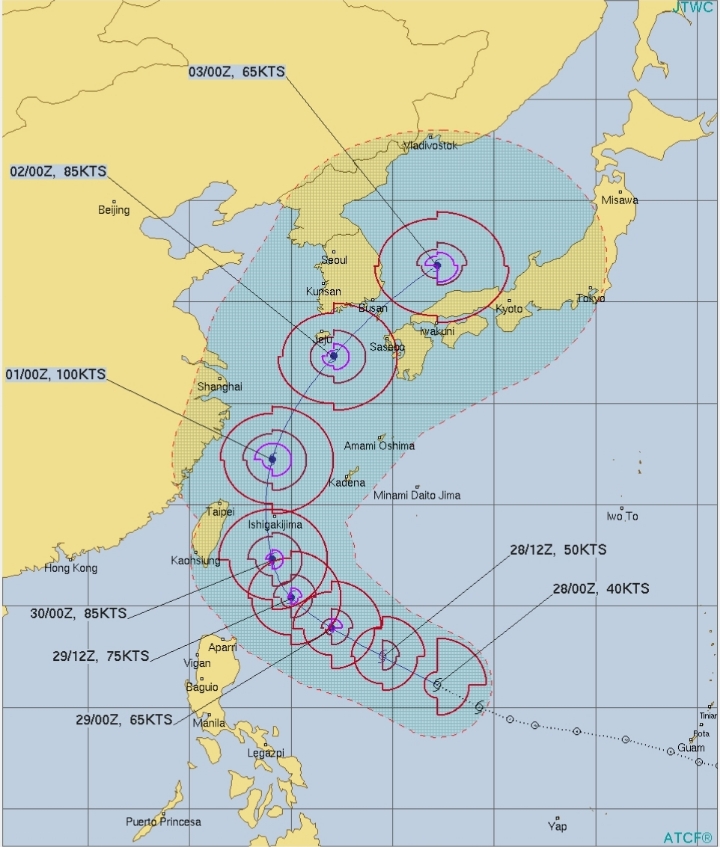 제 18호 태풍 미탁 예상 진로...미국, 일본 - 최대풍속 초속 35m/s으로 대한해협 통과 (9.28 13:00) | 인스티즈
