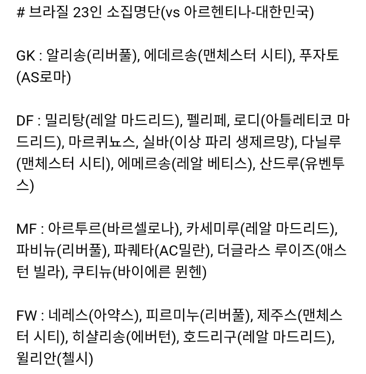 브라질 23인 소집명단(vs 아르헨티나-대한민국) | 인스티즈