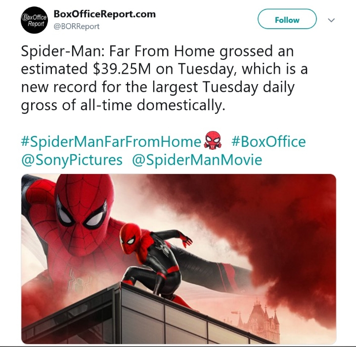 스파이더맨: 파 프롬 홈 - 북미 역대 화요일 오프닝 데이 신기록 수립 | 인스티즈