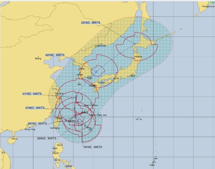 제 17호 태풍 타파 예상 진로...한국, 미국, 일본 - 부산-대마도 사이 통과 + 최대풍속 초속 20m/s, 순간최대풍속 30m/s (9.20 04:00) | 인스티즈