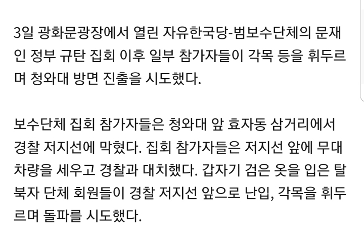 각목 휘두른 보수집회 참가자들, 청와대 진출 시도 | 인스티즈