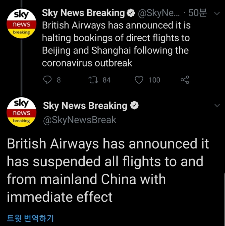 [속보] 영국 항공(브리티쉬 에어웨이즈), 중국행 항공편 전면 중단 및 상하이+베이징 항공편 전면 중단 | 인스티즈