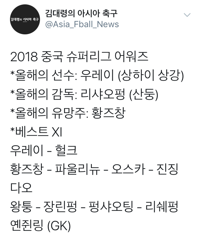 2018 중국 슈퍼리그 시상식 결과 | 인스티즈