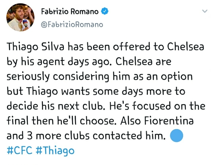 [파브리지오로마노] 티아고 실바는 자신의 에이전트로 부터 첼시에 제안됨. 첼시는 그를 진지하게 고려 | 인스티즈