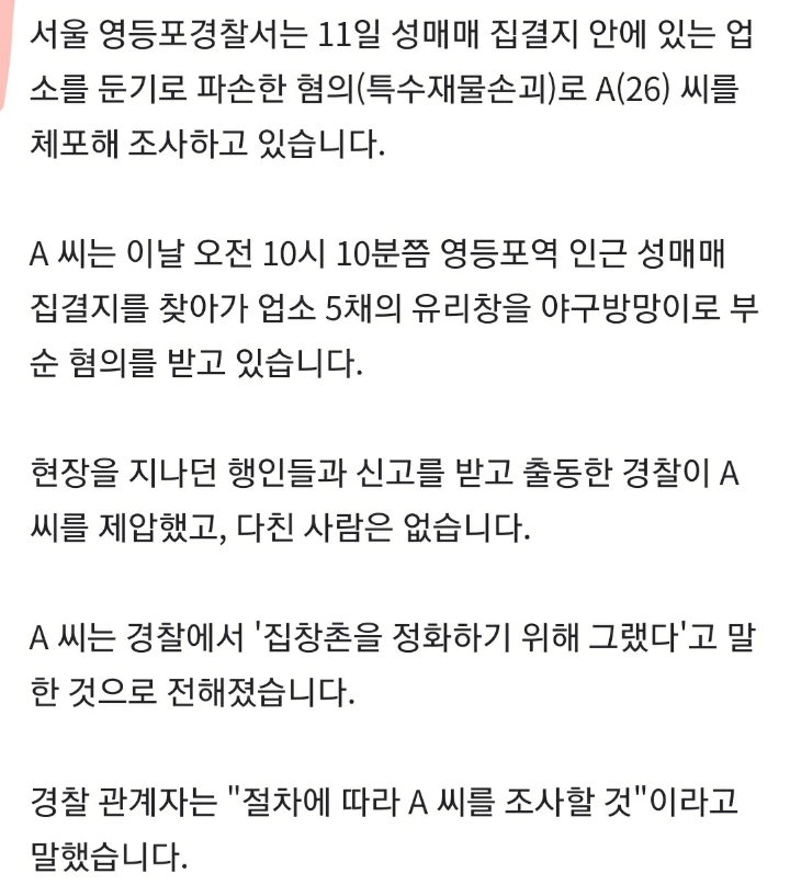 야구방망이로 성매매업소 부순 20대 체포…"정화하려고" | 인스티즈