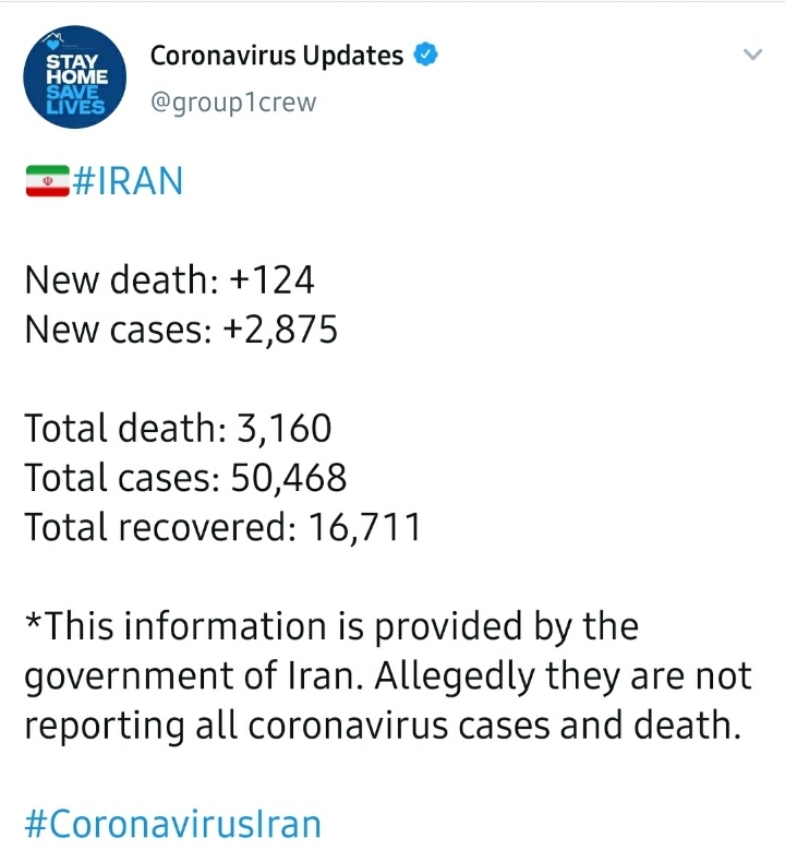 이란 코로나 확진자 50,468명 / 사망자 3,160명 | 인스티즈