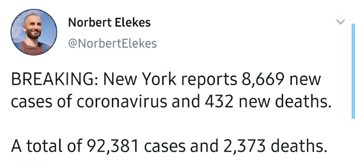 뉴욕 주 코로나 확진자 92,381명 / 사망자 2,373명 | 인스티즈