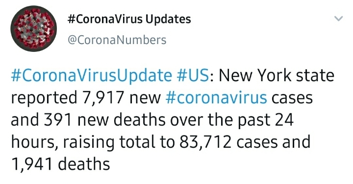 뉴욕 코로나 확진자 83,712명 / 사망자 1,941명 | 인스티즈