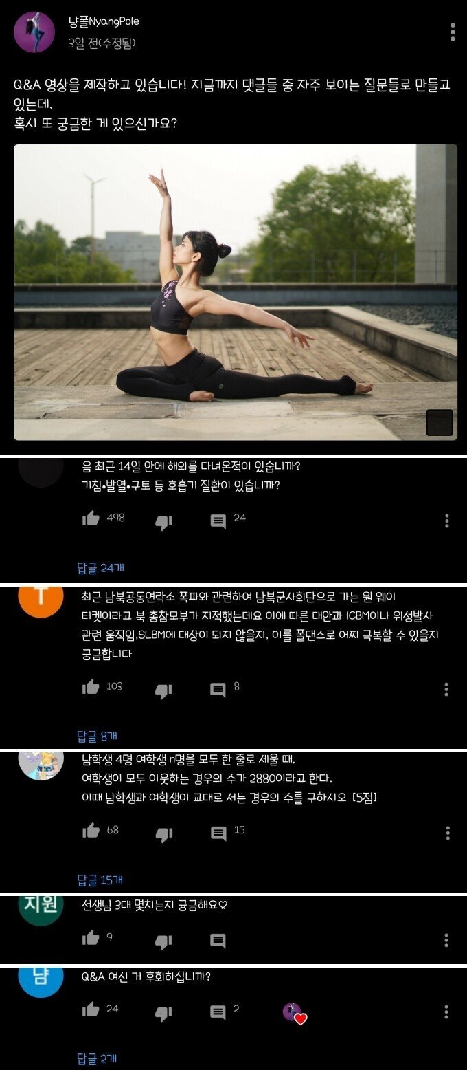 폴댄스 유튜버가 받은 질문 수위 ㄷㄷ | 인스티즈