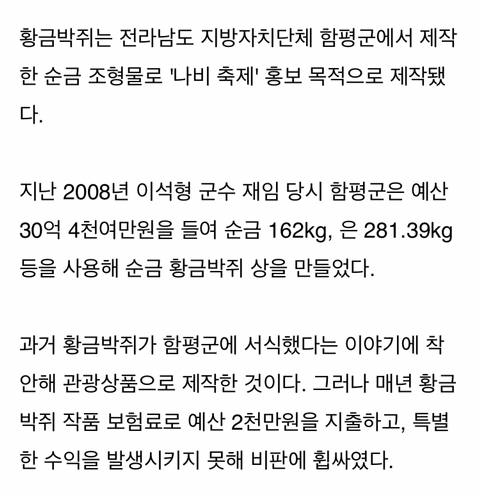 만들 때 욕 잔뜩 먹었는데 금값 올라 60억 시세차익 보고 있는 전라도 '황금박쥐' | 인스티즈
