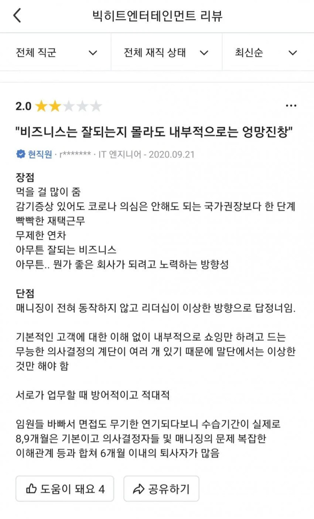 빅히트 엔터테인먼트의 재직자 리뷰.jpg | 인스티즈