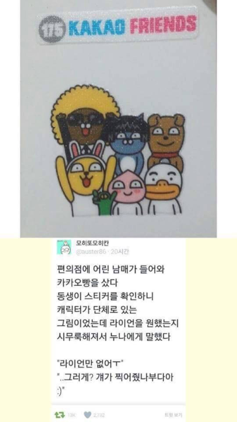 카카오빵 스티커에 라이언이 없어 시무룩한 동생에게 누나가 한 말.jpg | 인스티즈