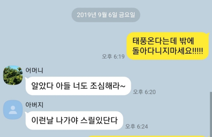 부모님께 태풍조심하라는 카톡에.. 어버지 어머니 온도차이.jpg | 인스티즈