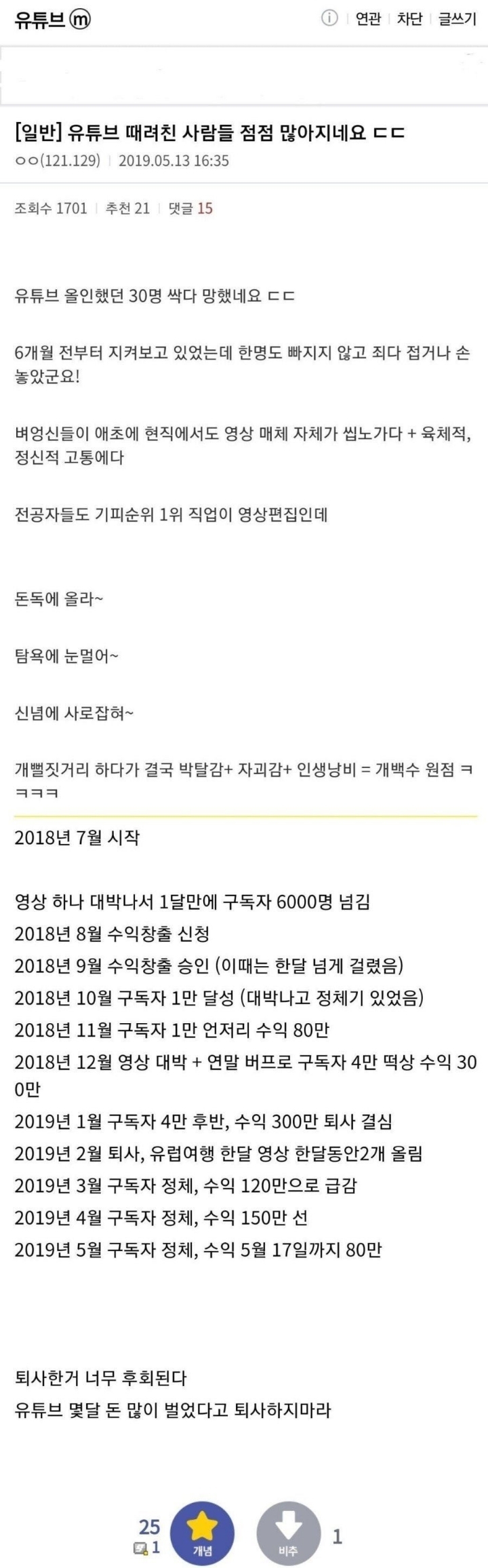 퇴사한 유투버의 후회.JPG | 인스티즈