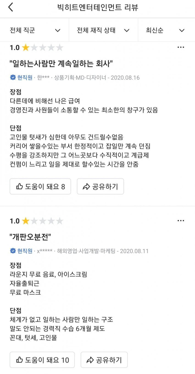 빅히트 엔터테인먼트의 재직자 리뷰.jpg | 인스티즈