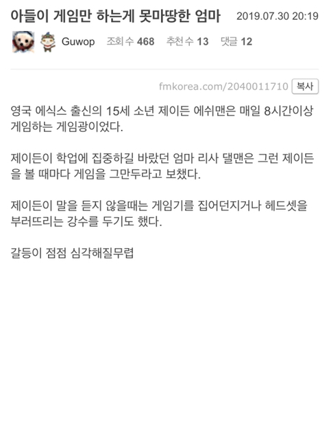 아들이 게임만 하는게 못마땅한 엄마.jpg | 인스티즈