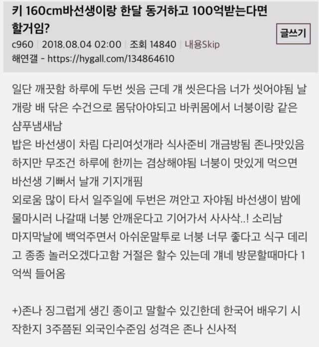 160cm 바선생과 한달동거하고 100억받는다면 한다vs안한다 | 인스티즈