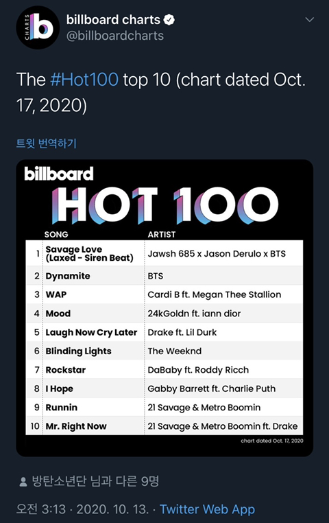방탄소년단 빌보드 핫백 1위 & 2위 동시 달성 | 인스티즈