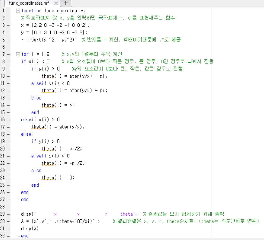 【MATLAB】 직교좌표계와 극좌표계 변환 문제풀이