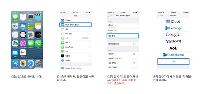 설정>메일,연락처,캘린더 카테고리 선택>계정추가 카테고리 선택>기타 카테고리 선택 화면