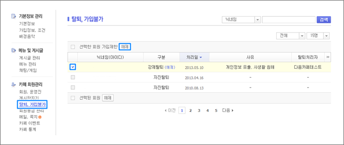 탈퇴 가입불가 페이지 내 해제 링크와 리스트 체크 박스가 표시된 화면
