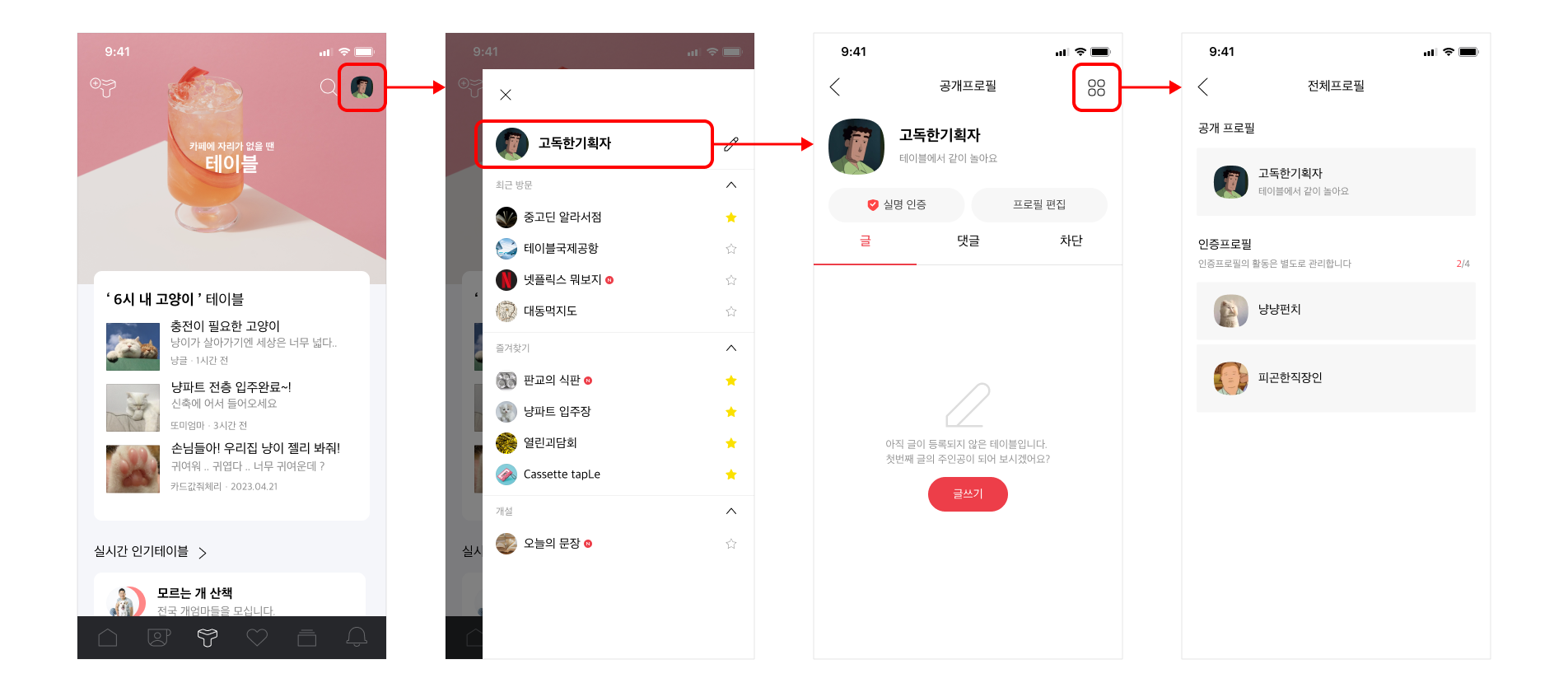 테이블홈 우측 상단에 프로필 이미지 선택, 프레임 상단에 닉네임선택, 공개프로필 페이지 우측 상단에 목록 아이콘 선택, 전체 프로필 페이지가 노출된 화면