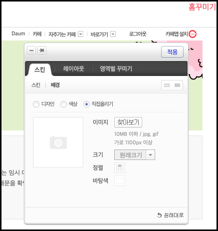 스킨탭>배경창에 직접 올리기 정보가 노출된 화면