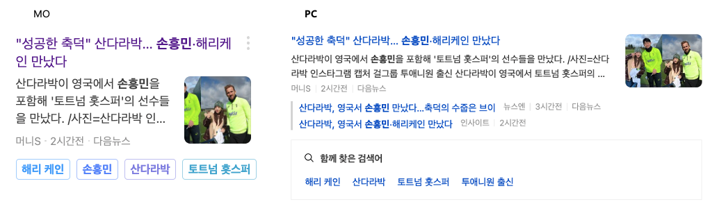 손흥민 뉴스기사 하단에 함께 찾은 검색어가 노출된 화면