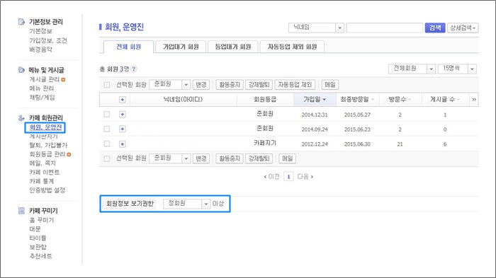 회원 운영진 메뉴 페이지 내 전체 회원 탭의 회원정보 보기권한 필드 표시 화면