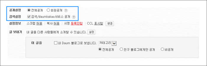 검색설정 항목에 검색 daumkakao 서비스 공개 옵션 체크 화면