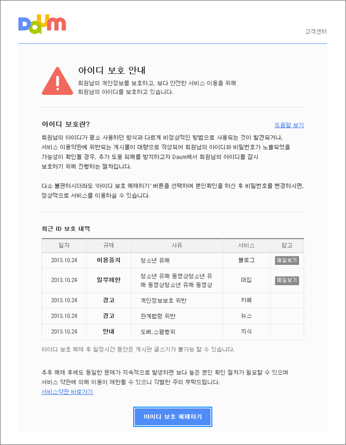 아이디 보호 안내 페이지와 페이지 하단에 아이디 보호 해제하기 버튼이 표시된 화면