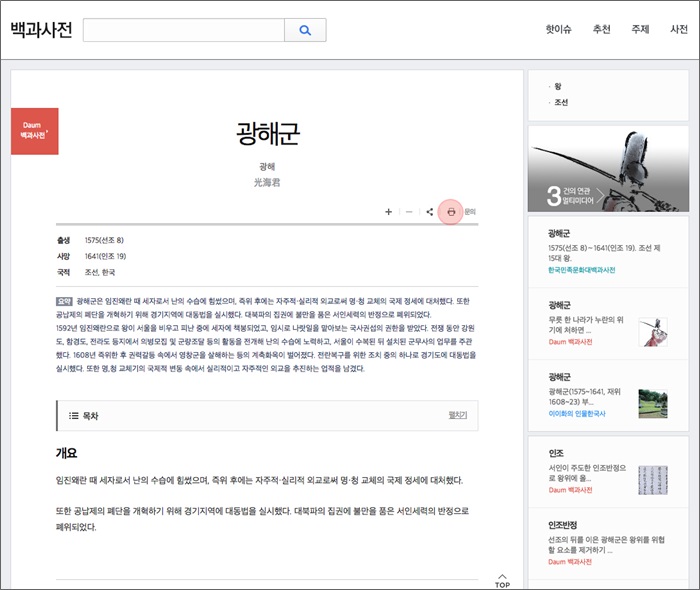 백과사전>사전 상세페이지 우측 상단에 프린트 아이콘이 체크된 화면