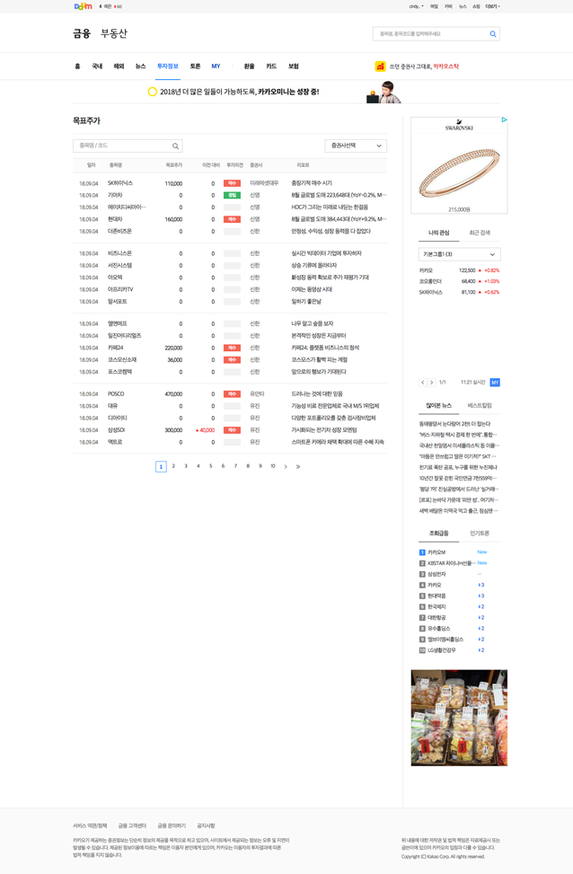 목표주가 페이지 내 목표주가 정보 리스트가 확인된 화면