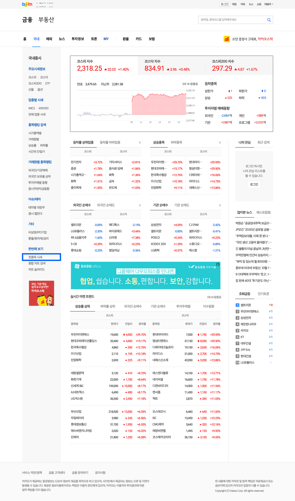 금융>국내>전종목 시세 메뉴 클릭 후 관련 정보 페이지가 노출된 화면