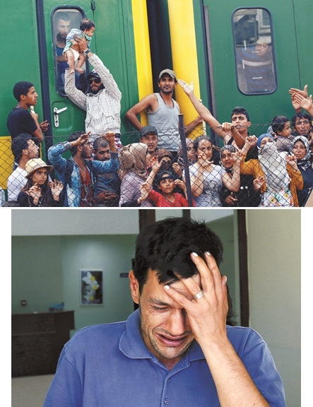 세르비아에서 출발해 4일(현지시간) 헝가리 비슈케크 기차역에 도착한 난민들이 더 이상 기차가 운행되지 않는다는 소식에 기차 밖으로 나와 아이를 들어올리며 운행 재개를 요구하고 있다. 아래는 지난 2일 터키 해안가에서 익사체로 발견된 에일란 쿠르디의 아버지 압둘라 쿠르디가 3일 터키의 한 병원에서 아들의 시신을 확인한 뒤 오열하고 있는 모습. AP로이터연합뉴스