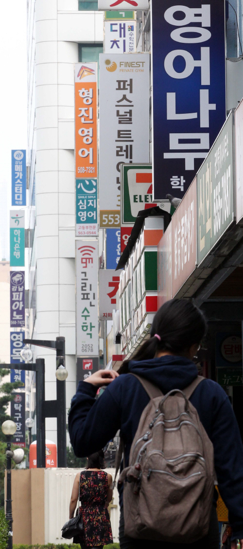<b>대치동 학원간판의 물결</b> 매일경제가 설문조사한 결과 강남 거주자 1인당 월평균 사교육비는 132만2700원으로 추정되는 등 `미친 사교육비`가 사실로 드러났다. 학원 간판이 즐비하게 늘어선 대치역 사거리 학원가. [김호영 기자]