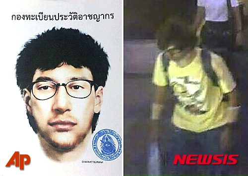 【방콕=AP/뉴시스】태국 경찰이 배포한 지난 17일 방콕 중심부 에라완 사원 폭탄 테러 주범의 스케치와 CCTV에 그가 포착된 장면. 태국 경찰이 2주 전 20명의 사망자를 낸 방콕 중심부 에라완 사원 폭탄 테러의 주범으로 보이는 남성을 체포했다고 프라윳 찬오차 태국 총리가 1일(현지시간) 밝혔다. 2015.09.01